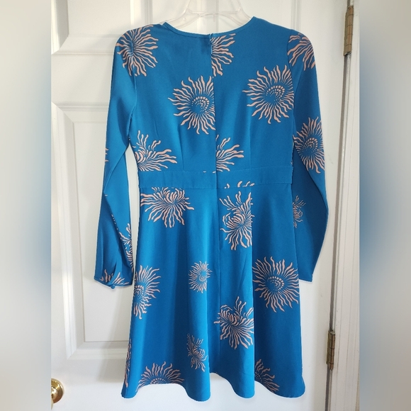 Loft Womens Iced Floral Flare Dress Peacock Blue Size 00P Long Sleeve EUC - Picture 6 of 7